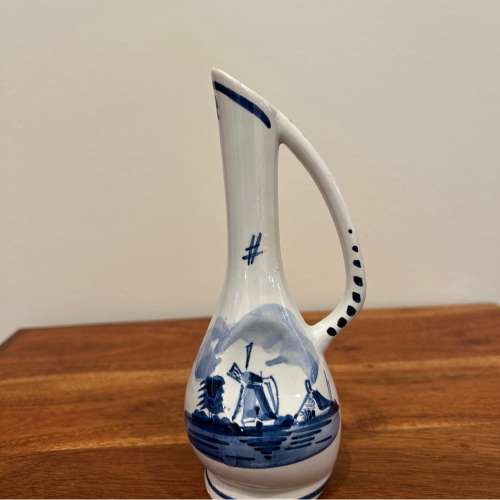 Vintage Delft Blue and White Ceramic Pitcher 7” tall. Excellent condition